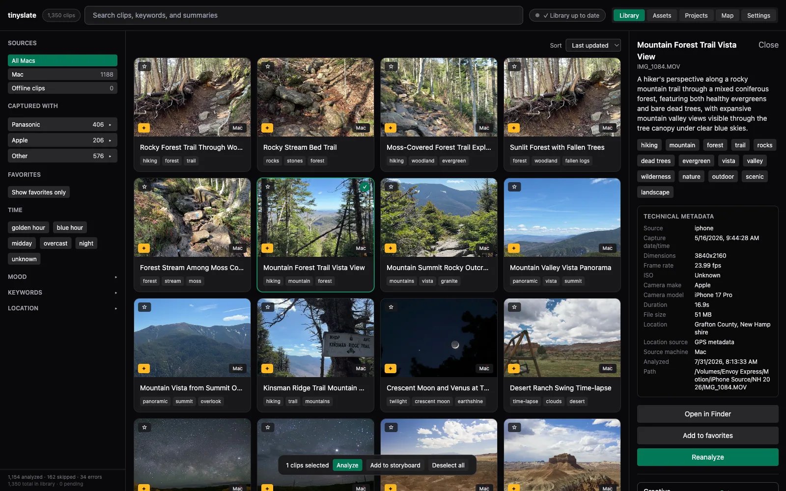 Clip detail with AI title, summary, and keywords for a mountain forest trail clip