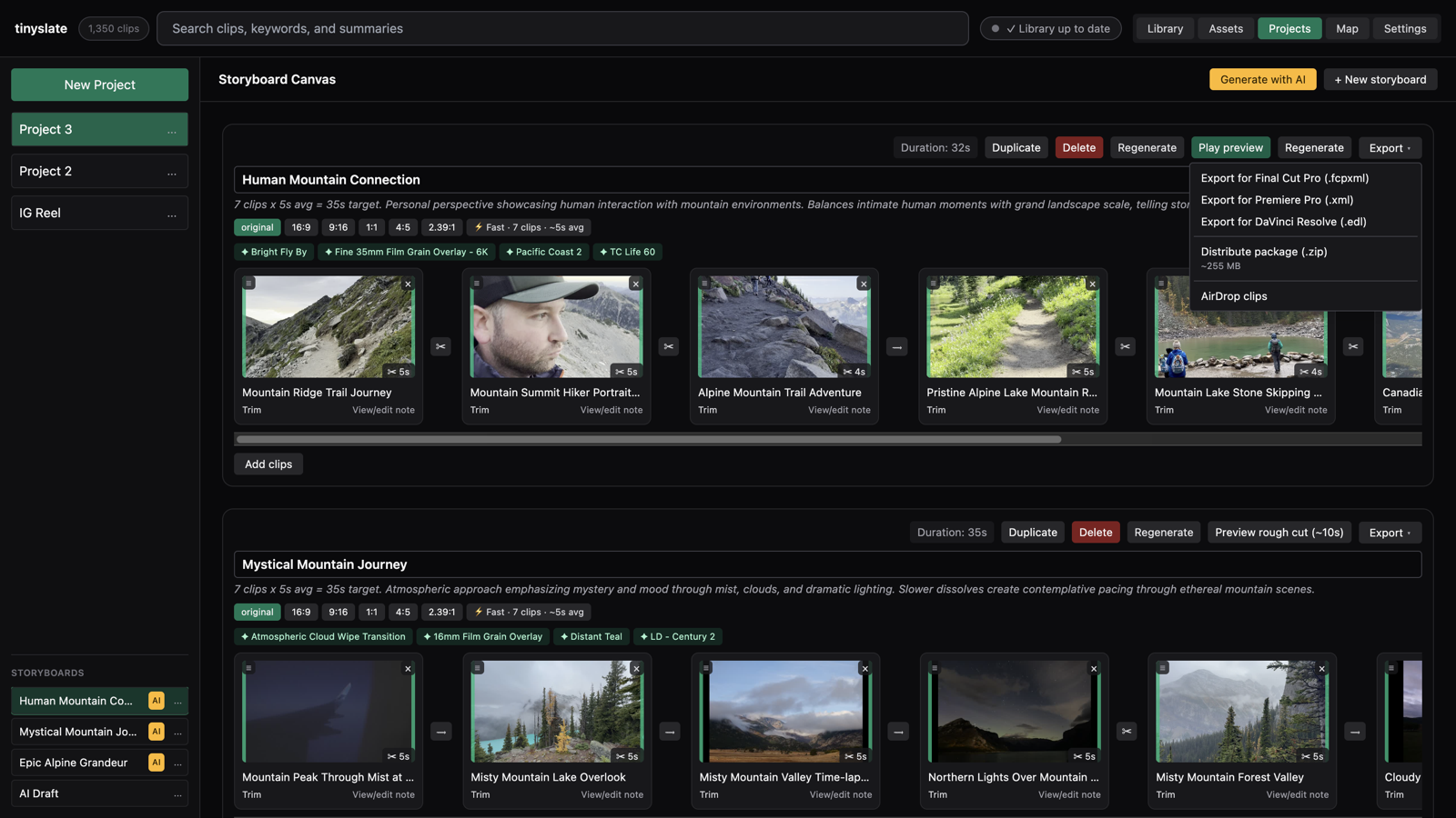 Export options for Final Cut, Premiere, and Resolve