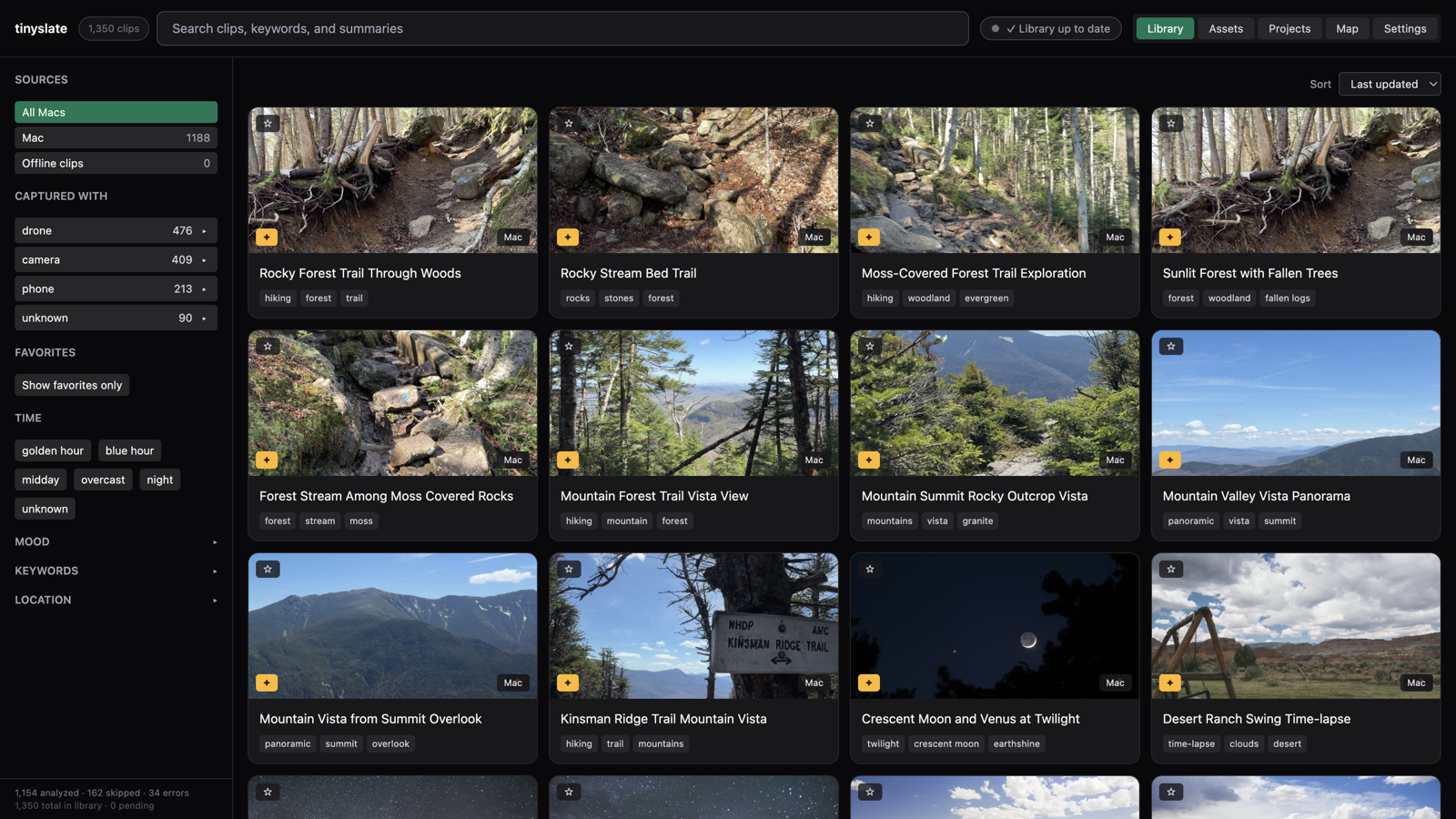 TinySlate library with searchable clips and filters