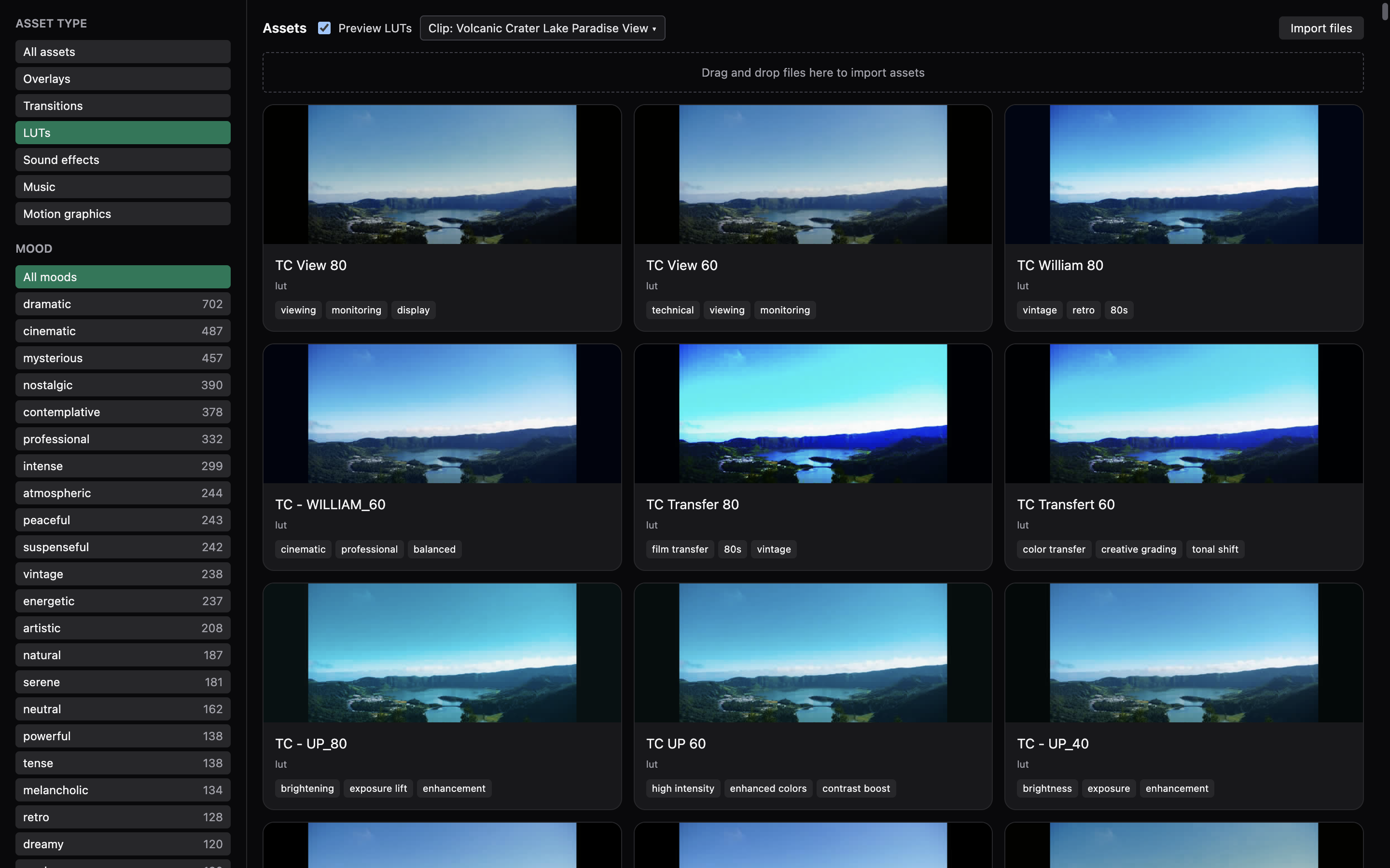 LUT previews on an aerial crater-lake clip