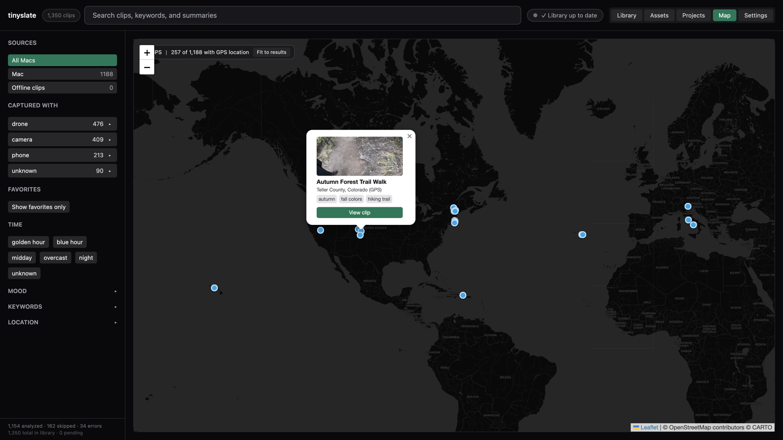Map view of GPS-tagged clip locations
