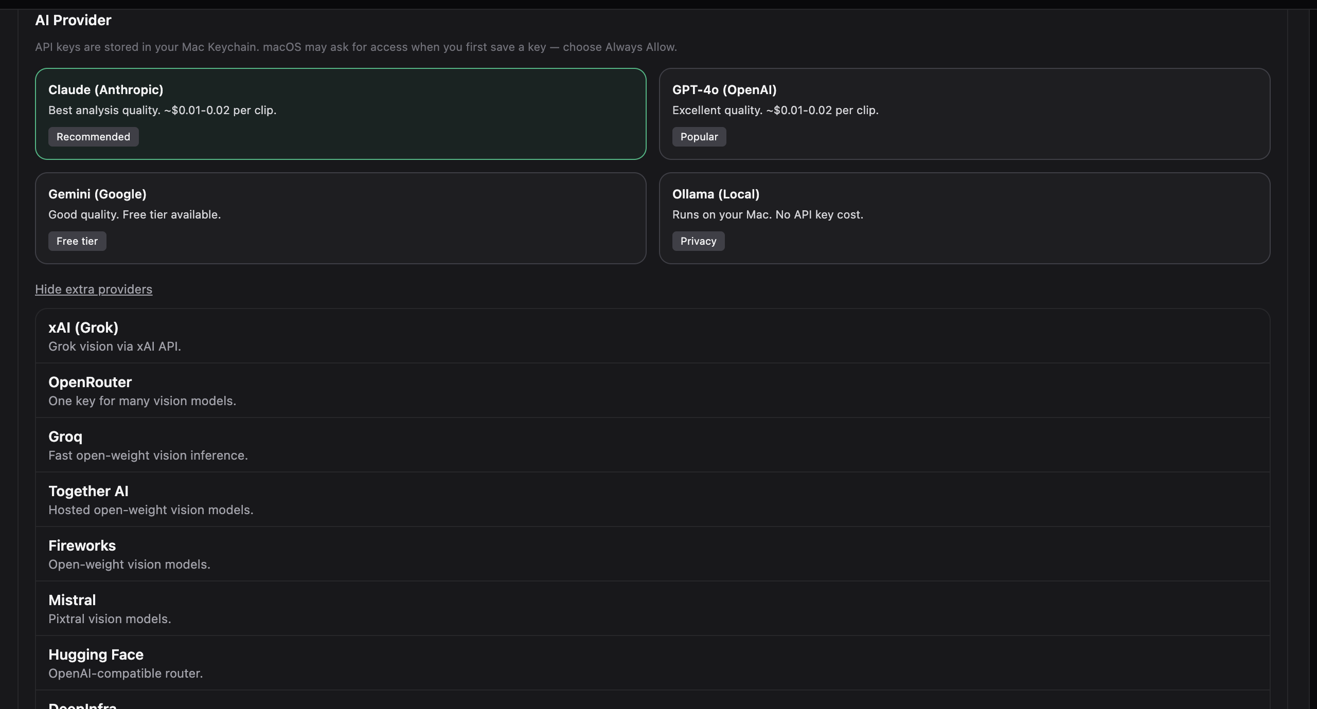 TinySlate Settings showing Claude, OpenAI, Gemini, Ollama, and expanded extra providers including OpenRouter, Grok, and Groq