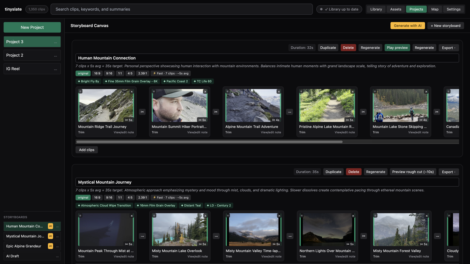 Storyboard canvas with sequenced clips