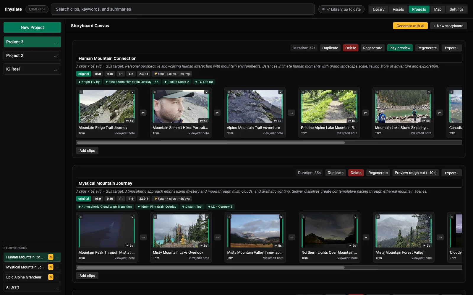 Storyboard canvas with sequenced clips